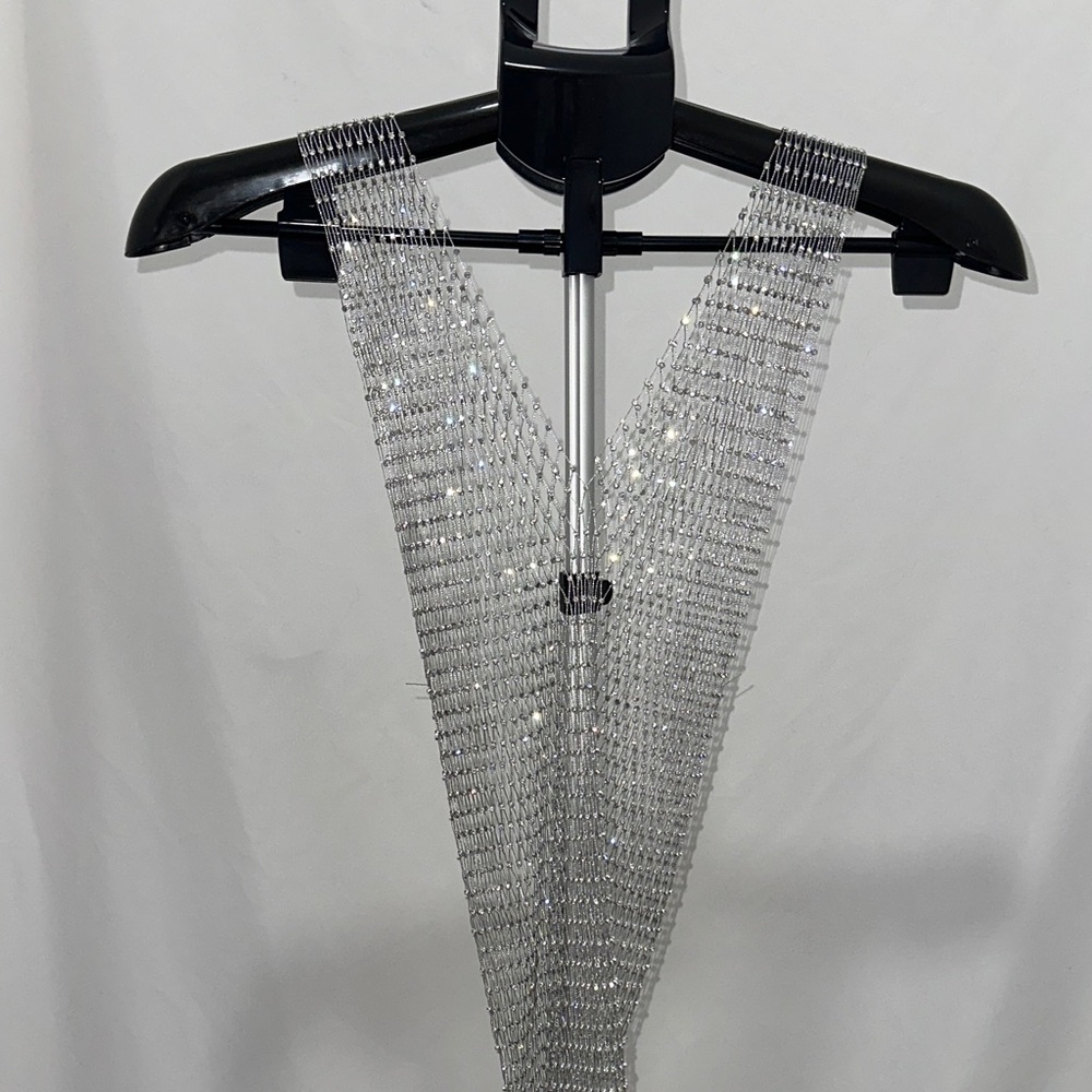 Crystal Mesh V-Neck Statement Top - Silver
